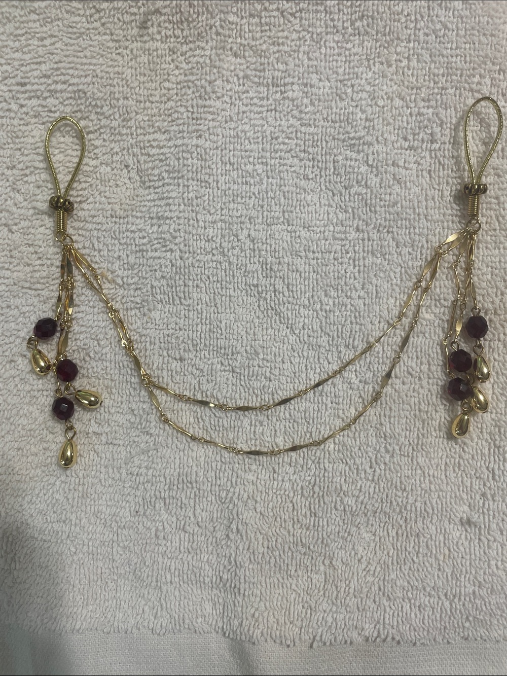 Gold Double-Chain Nipple Clips with Garnet Bead Drops